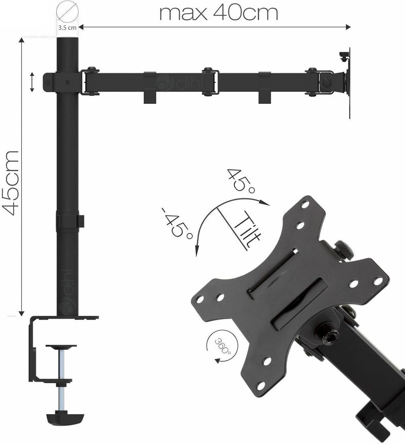 Dihl Single Arm Computer Monitor Mount for Monitors and TVs 13” to 27 Inch Screens, Desk Clamp Mounted, Supports up to 8KG (17.6 lbs), Black - Ergonomic Desk Space Saving Solution - Image 4