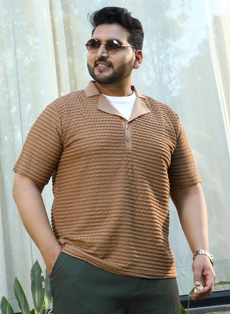 Instafab Plus Instafab Plus Men's Ash Brown Crease-Tactile Cuban Polo T-Shirt For Casual Wear | Polo Neck | Short Cuffed Sleeves | Half-Button Closure | Plus Size T-Shirt Crafted With Comfort Fit For Everyday Wear