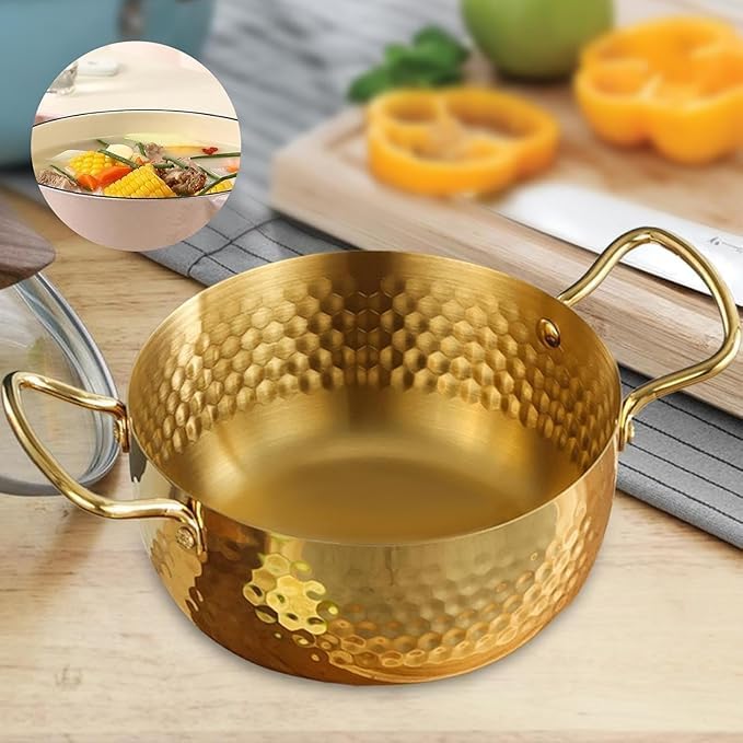 PIPULSE Brass for Cooking with Tin Coating with Handle Brass Handmade with Steel Hammered Ramen Pot with Double Ear Handles | Frying Pan with Handle Kadai Cookware (2 Litter) - Image 3