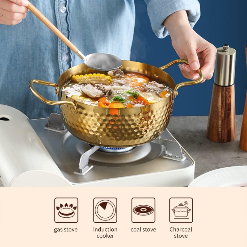 PIPULSE Brass for Cooking with Tin Coating with Handle Brass Handmade with Steel Hammered Ramen Pot with Double Ear Handles | Frying Pan with Handle Kadai Cookware (2 Litter) - Image 4