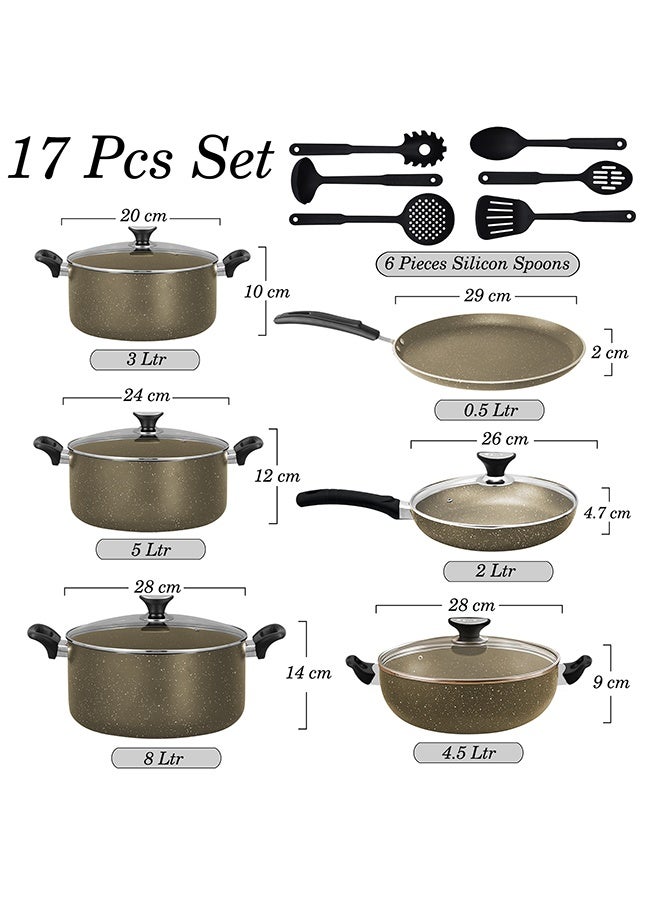SONEX Victoria Non Stick Granite Cookware Gift Set – 17 Pcs, Marble Finish, Frying Pan, Casseroles, Tawa, Utensils, PFOA Free,Dishwasher Safe - Image 2