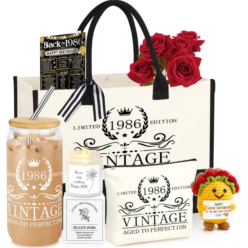 DOGMEM 40th Birthday Gifts for Women Tote Bag 40 Years Old Gift for Mom Wife Sister Birthday Gifts for Her Turning 40 Vintage 1986 Canvas Tote Bag Makeup Bag Back in 1986 Poster Gift for Women