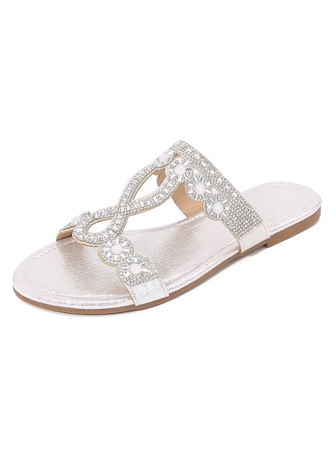 NIBEMINENT Women Rhinestone Design Bohemia String Bead Soft Flats Shoes Comfortable Summer Beach Shoes Designer Sandal - Image 1