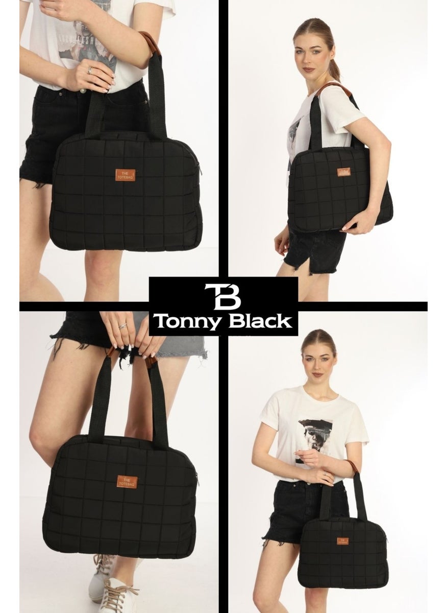 tonny black - Large Volume Quilted Shopper Inflatable Single Compartment School Sports Work Tote Bag Handbag and Shoulder Bag - Image 1