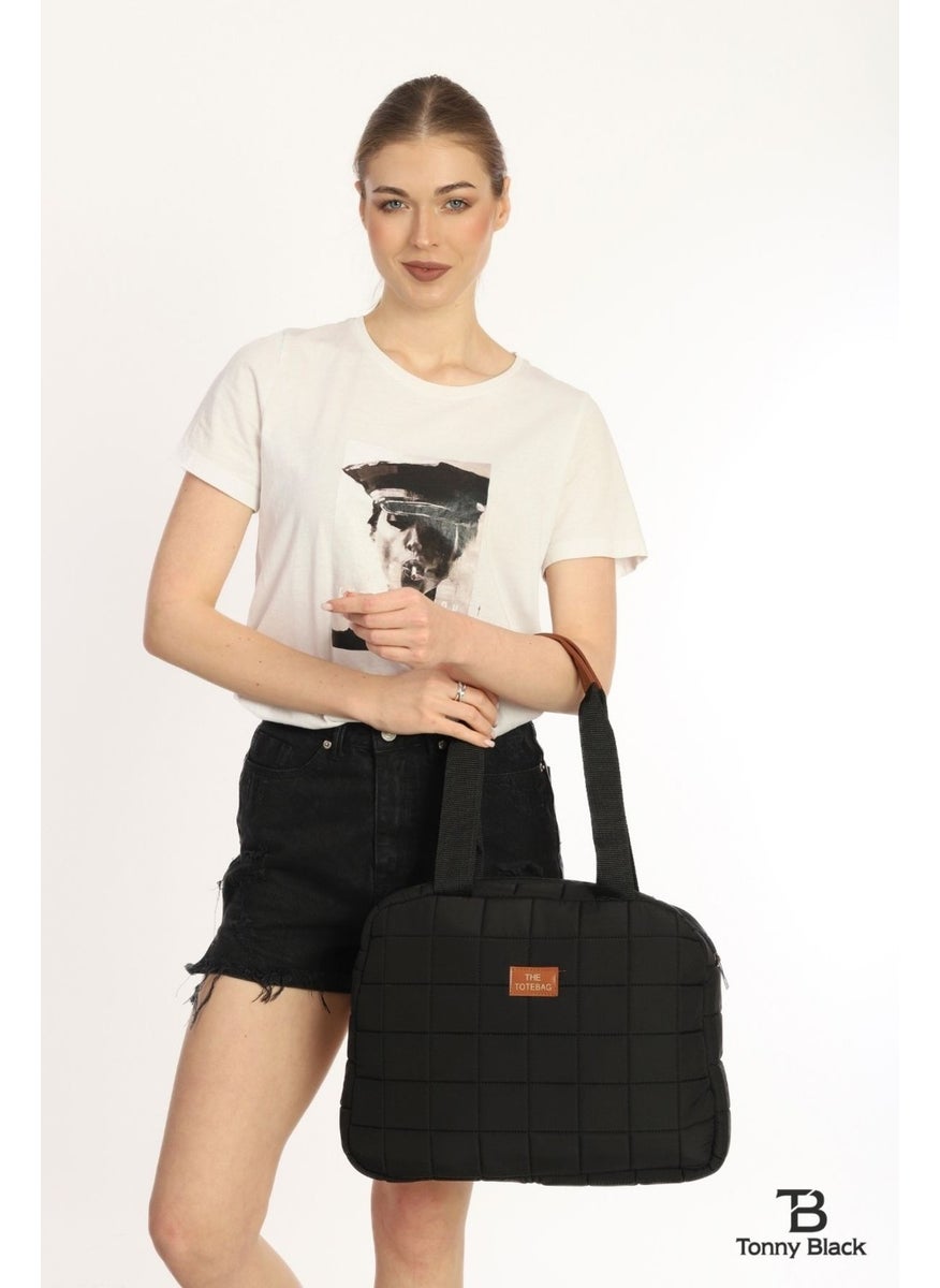 tonny black - Large Volume Quilted Shopper Inflatable Single Compartment School Sports Work Tote Bag Handbag and Shoulder Bag - Image 1