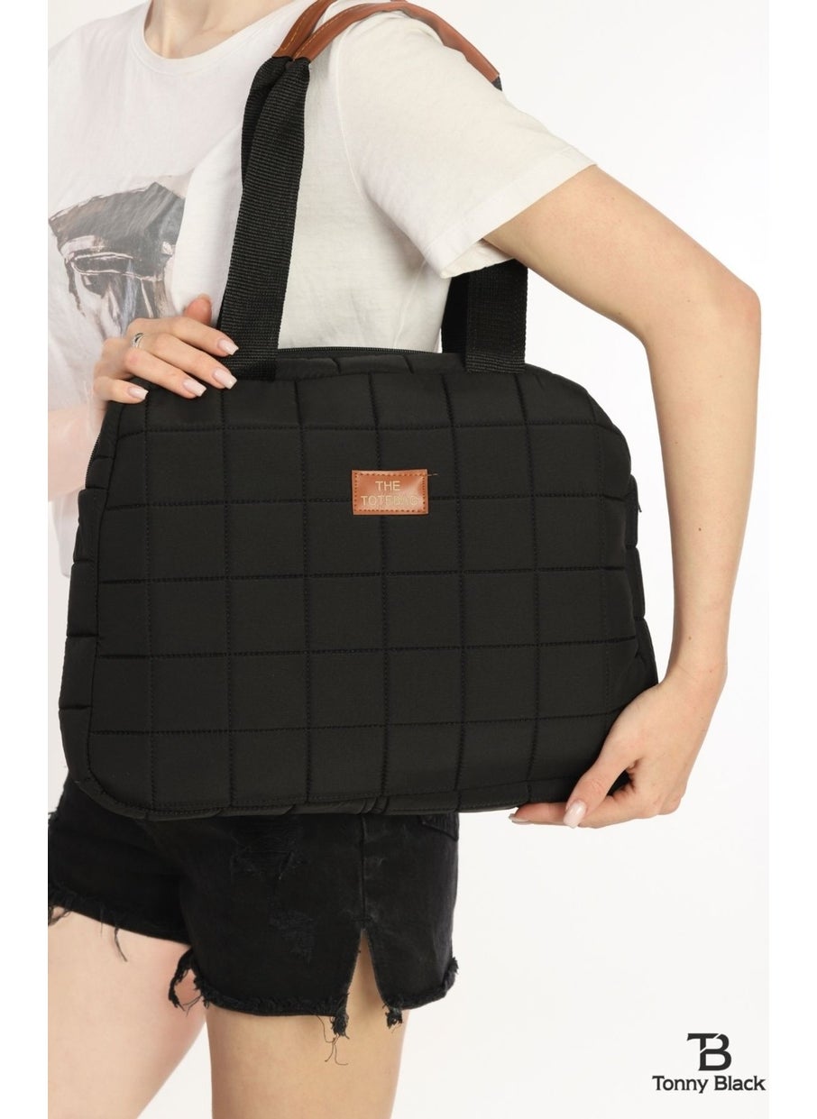 tonny black - Large Volume Quilted Shopper Inflatable Single Compartment School Sports Work Tote Bag Handbag and Shoulder Bag - Image 1