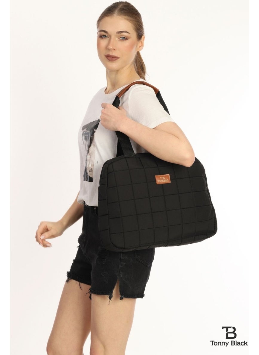 tonny black - Large Volume Quilted Shopper Inflatable Single Compartment School Sports Work Tote Bag Handbag and Shoulder Bag - Image 1