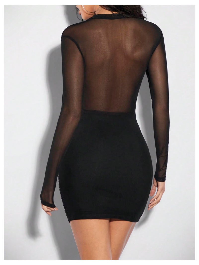 MakeMeChic Women's Sparkly Mesh Rhinestone Mini Dress Sequin Glitter Long Sleeve Sheer Bodycon Short Dress Black X-Small - Image 3