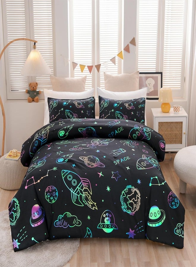 Aimuan Space Bedding Twin Bed Comforter Kids Rocket Bedding Set Super Soft & Cute Aliens UFO Printed for Boys Girls Teen (Black, Twin) - Image 1