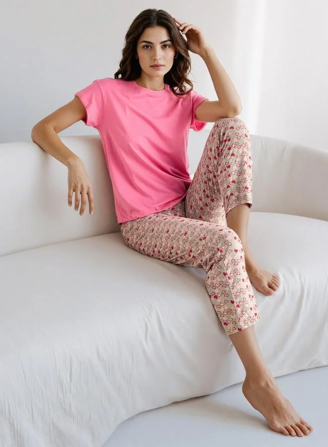 سبلاش فيڤ طقم بيجامة بطبعة وياقة دائرية