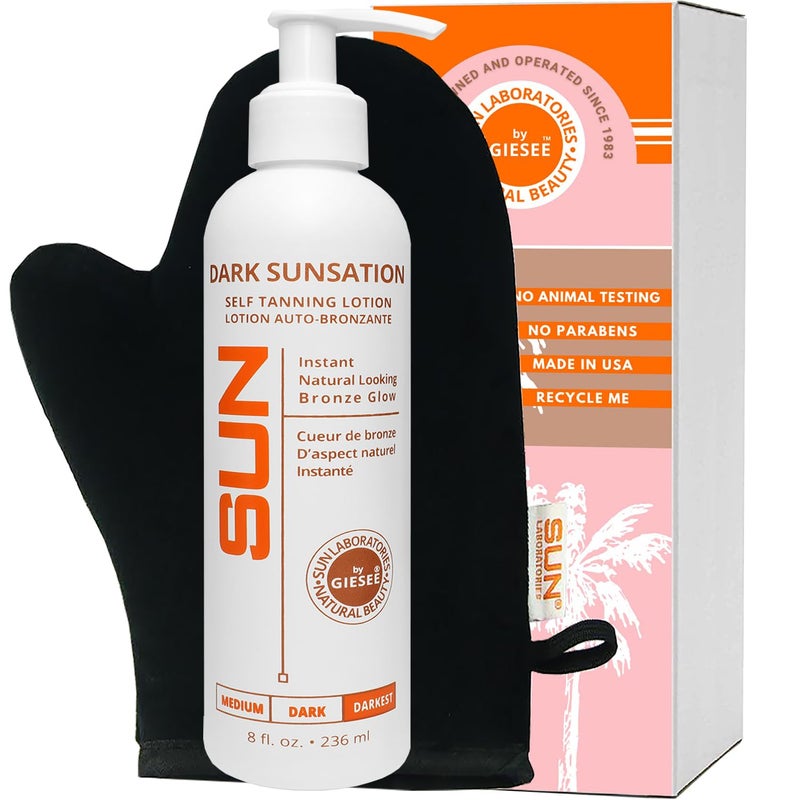 Sun Laboratories by Giesee Sun Laboratories By Giesee Dark Sunsation Self Tanning Lotion 8 oz with Tanning Mitt  Ultra Dark Organic Pregnancy Safe Travel Size Self Tanner Long Lasting Natural Sunless Tanning Lotion Kit 