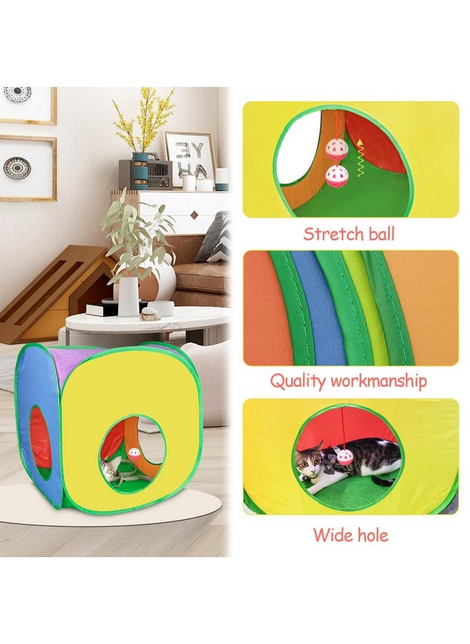 Andiker - Andiker Cat Tunnel, Colorful Foldable Square Colorful Cat Pop Up Tent Matches with Most Cat Tubes Polyester Cat Tent with a Bell Ball 3 Holes Cat Tubes for Indoor Cat to Hide Play and Sleep (Square L - Image 1