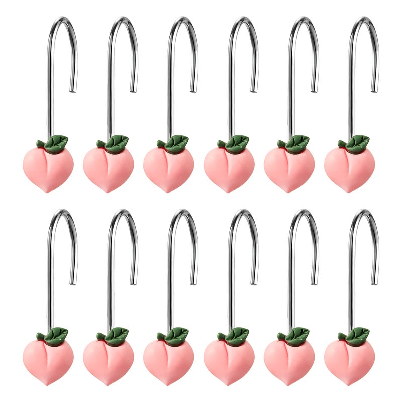 W1cwey Peach Shower Curtain Hooks  12pcs Peach Shower Curtain Hooks Pink Rustproof Curtain Hangers Glide Shower Rings Curtain Cute Fruit Resin Stainless Steel Christmas Winter Xmas New Year Gifts