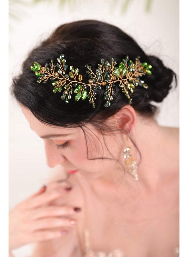 BERYUAN Green Crystal Rhinestone Hair Vine Emerald Hair Vine For Wedding Women And Girls Teardrop Green Crystal Rhinestone Hair Accessories For Brides Bridemaids(Gold) - Image 1