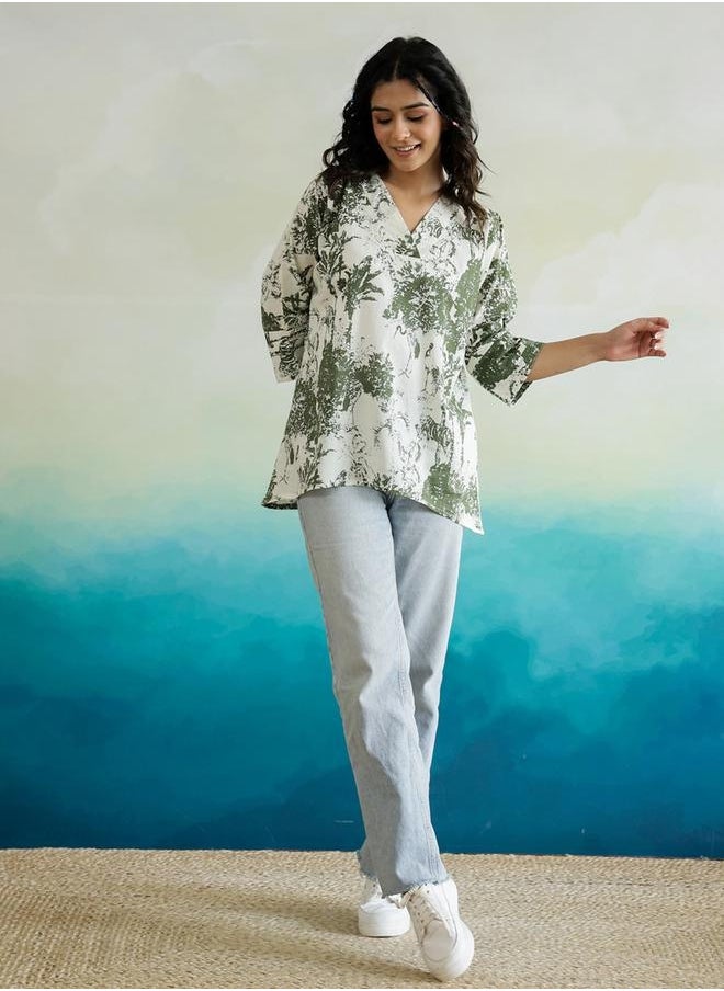 sanskrutihomes - All-Over Floral Print V-Neck Cotton Top by Styli - Image 1
