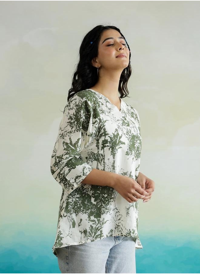 sanskrutihomes - All-Over Floral Print V-Neck Cotton Top by Styli - Image 1
