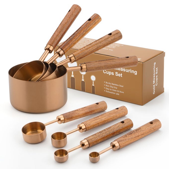 GOLD MEASURING CUPS AND SPOONS SET WITH WOOD HANDLES PREMIUM STAINLESS STEEL MEASURING SPOONS AND MEASURING CUPS SET FOR COOKING AND BAKING IN THE KITCHEN BRONZE