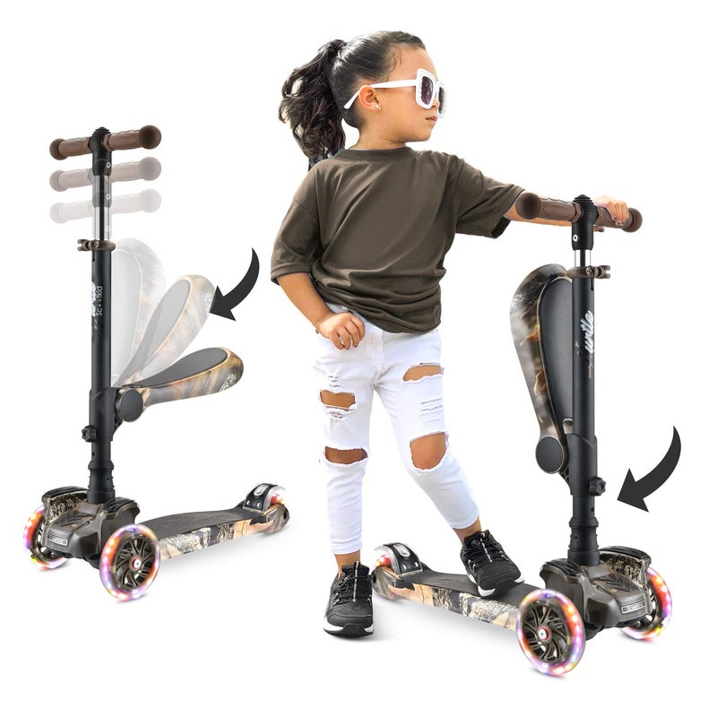 Hurtle Kids Scooter - Child Toddler Kick Scooter Toy with Foldable Seat - 3 Wheel Scooter with Adjustable Height, Anti-Slip Deck, Flashing Wheel Lights, for Boys/Girls 1-12 Year Old, Real Tree - Image 1
