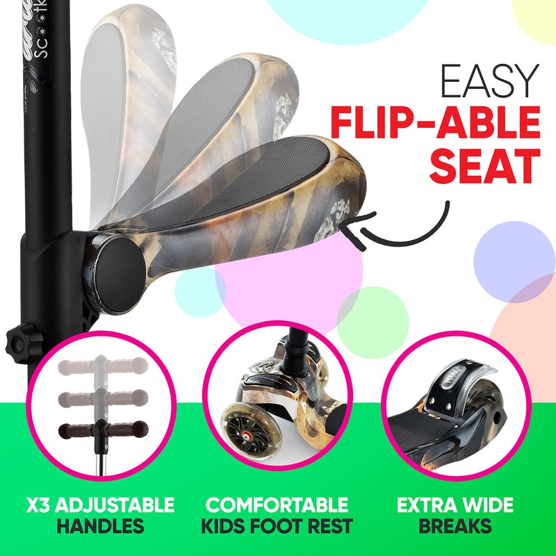 Hurtle Kids Scooter - Child Toddler Kick Scooter Toy with Foldable Seat - 3 Wheel Scooter with Adjustable Height, Anti-Slip Deck, Flashing Wheel Lights, for Boys/Girls 1-12 Year Old, Real Tree - Image 5