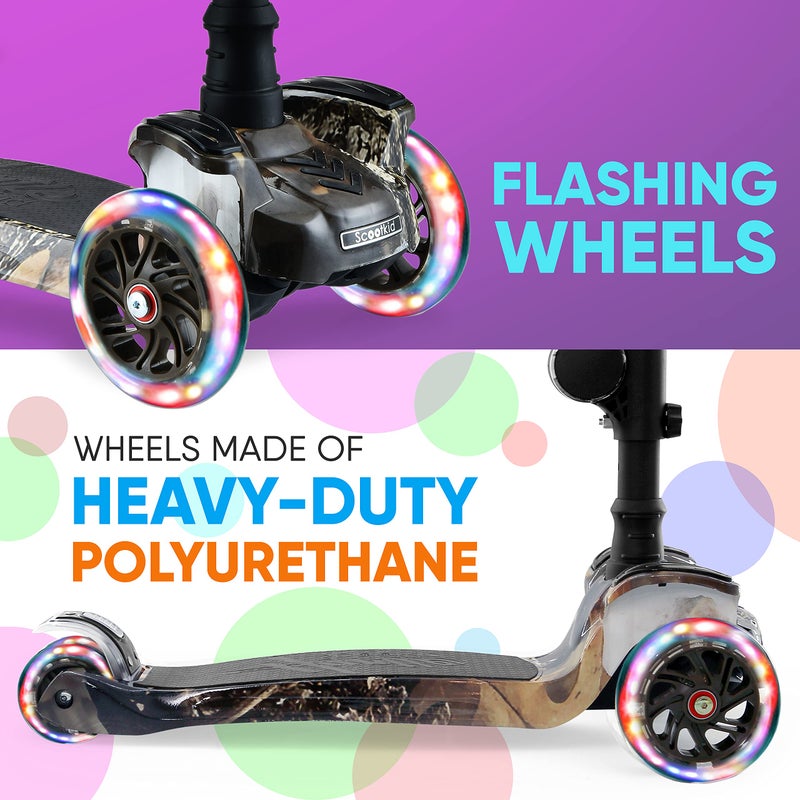 Hurtle Kids Scooter - Child Toddler Kick Scooter Toy with Foldable Seat - 3 Wheel Scooter with Adjustable Height, Anti-Slip Deck, Flashing Wheel Lights, for Boys/Girls 1-12 Year Old, Real Tree - Image 4