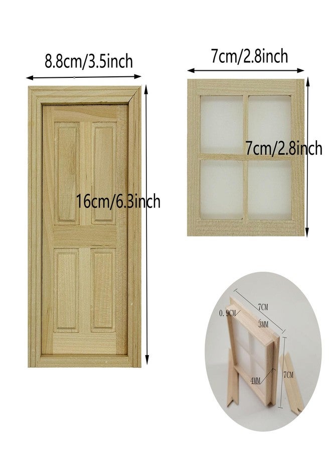 Cayway 2 PCS Dollhouse Windows, 1 PCS Miniature Wooden Door,1:12 Scale Mini Window Frame for DIY Dollhouse or Model Town Accessory - Image 2