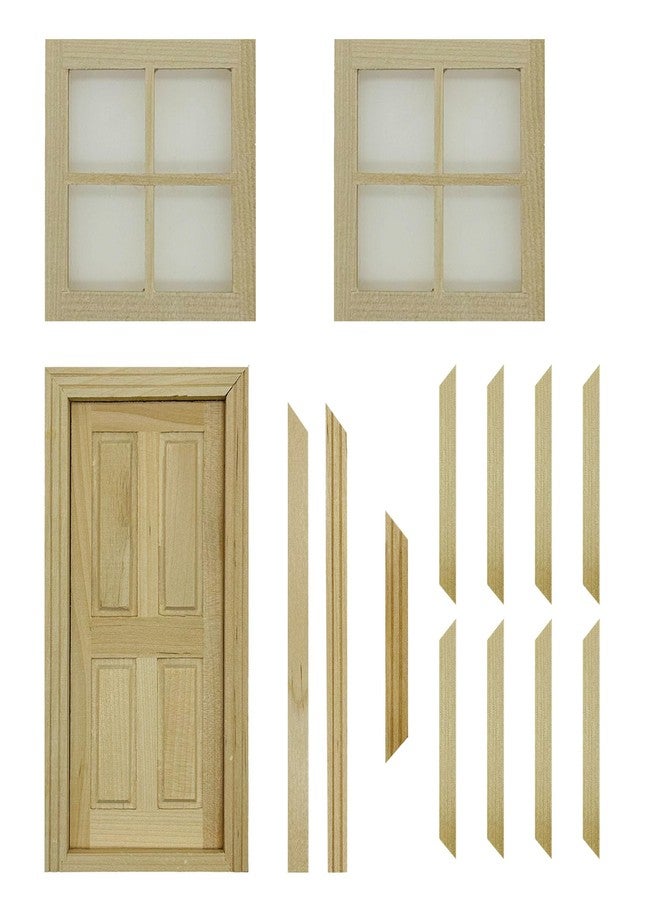 Cayway 2 PCS Dollhouse Windows, 1 PCS Miniature Wooden Door,1:12 Scale Mini Window Frame for DIY Dollhouse or Model Town Accessory - Image 1