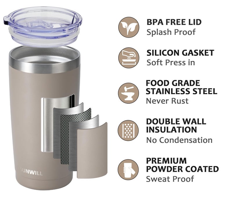 SUNWILL SUNWILL Insulated Coffee Tumbler with Lid  Stainless Steel Coffee Travel Mug  Double Wall 20 oz Tumbler Thermal Reusable Coffee Cup  Powder Coated Taupe  Spill Proof Sliding Lid  - Image 2