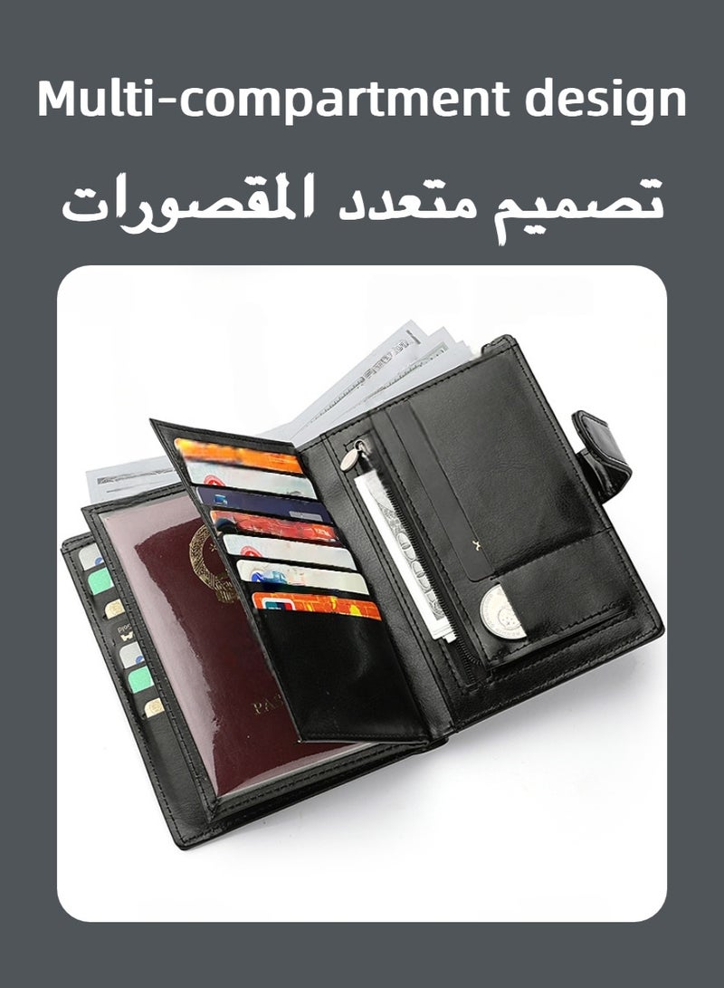 Black Snap Button Leather Passport Holder, RFID Blocking Multi Card Slot Passport Wallet, Travel Document Organizer for Overseas Travel Storage, Business Trip Document Organizing, Air Ticket & Passport Storage, Vacation Travel Carry Storage - Image 5