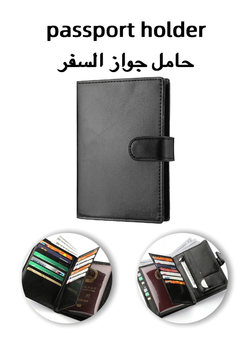 Black Snap Button Leather Passport Holder, RFID Blocking Multi Card Slot Passport Wallet, Travel Document Organizer for Overseas Travel Storage, Business Trip Document Organizing, Air Ticket & Passport Storage, Vacation Travel Carry Storage - Image 1