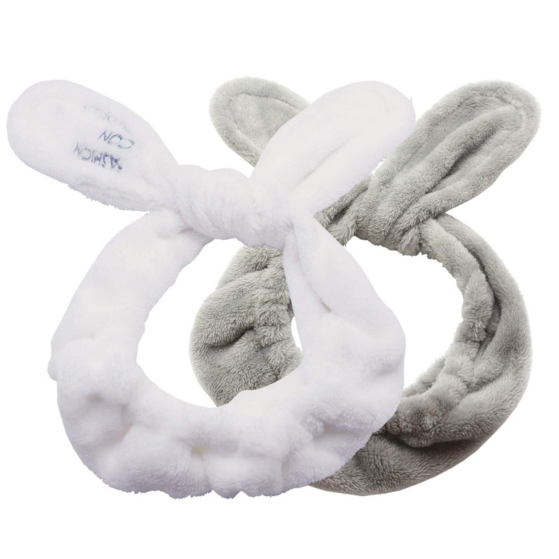 Dofash 2Pcs A Cute Rabbit Ear Washing Face Shower Headbands Makeup Hairbands Beauty Lovely Spa Headbands With Delicate Bag For Girls And Woman White and Gray