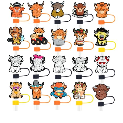 XHAOYEAHX 20PCS Straw Covers for Stanley Cup, 10mm Highland Cow Straw Topper Compatible with Stanley Tumblers, Dustproof Reusable Silicone Straw Covers, Stanley Cup Accessories Highland Cow Decor - Image 2