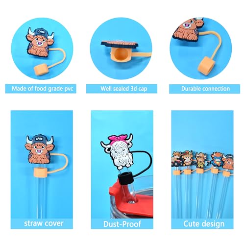 XHAOYEAHX 20PCS Straw Covers for Stanley Cup, 10mm Highland Cow Straw Topper Compatible with Stanley Tumblers, Dustproof Reusable Silicone Straw Covers, Stanley Cup Accessories Highland Cow Decor - Image 3