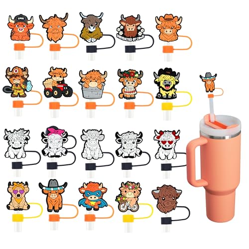 XHAOYEAHX 20PCS Straw Covers for Stanley Cup, 10mm Highland Cow Straw Topper Compatible with Stanley Tumblers, Dustproof Reusable Silicone Straw Covers, Stanley Cup Accessories Highland Cow Decor - Image 1