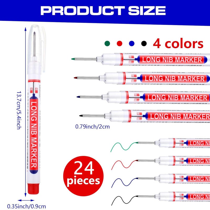 Eersida Multi-purpose Deep Hole Marker Pens 20mm Long Head Drill Deep Nib Markers Colorful Waterproof Carpenter Pens for Construction Bathroom Woodworking(24 Pieces) - Image 3