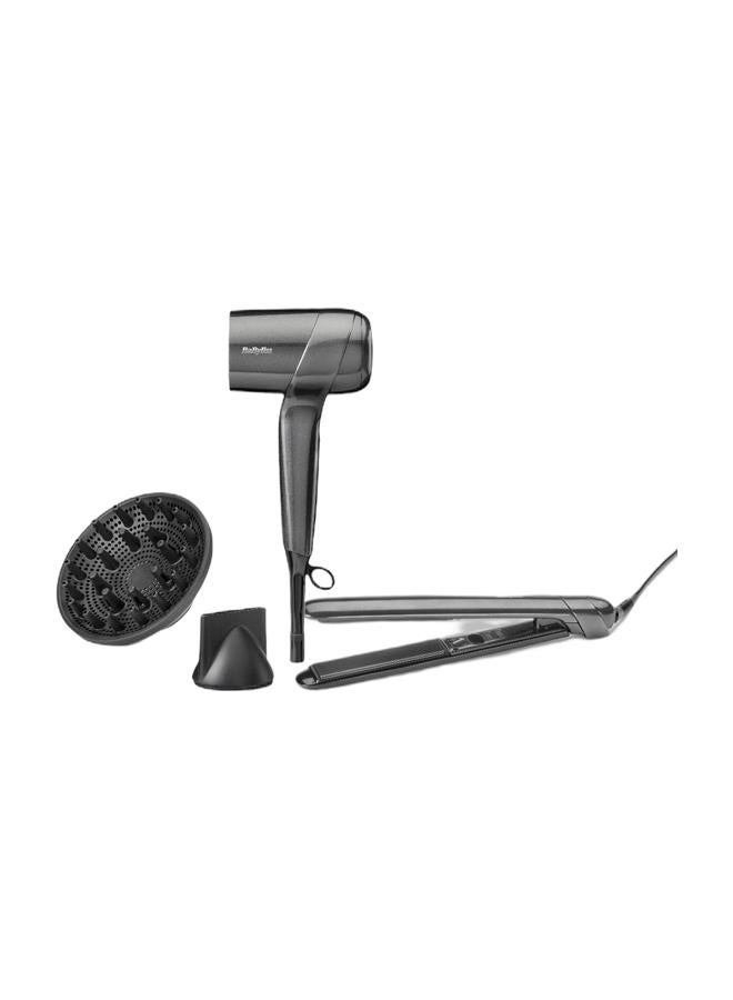 BaByliss Titanium Shine Hair Dryer with Diffuser, Powerful Compact Ionic Hair Dryer for Fast Drying, 1600W Digital Motor, 3 Heat 3 Speed Settings, Cold Shot, D6200DSDE Silver & Titanium Shine Hair Straightener 24mm Titanium Ceramic Plates with Ionic Technology, 5 Heat Settings 150–230°C, Fast Heating, Multi-Voltage Use, (ST620SDE) Gray Bundle - Image 1