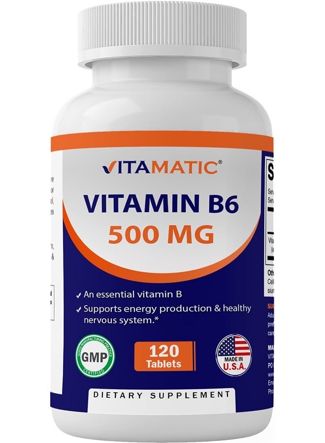 Vitamatic Vitamin B6 (Pyridoxine HCI), 500 mg 120 Vegetarian Tablets - Promotes Energy Production, boosts Metabolism and Immune Health Support - Image 1