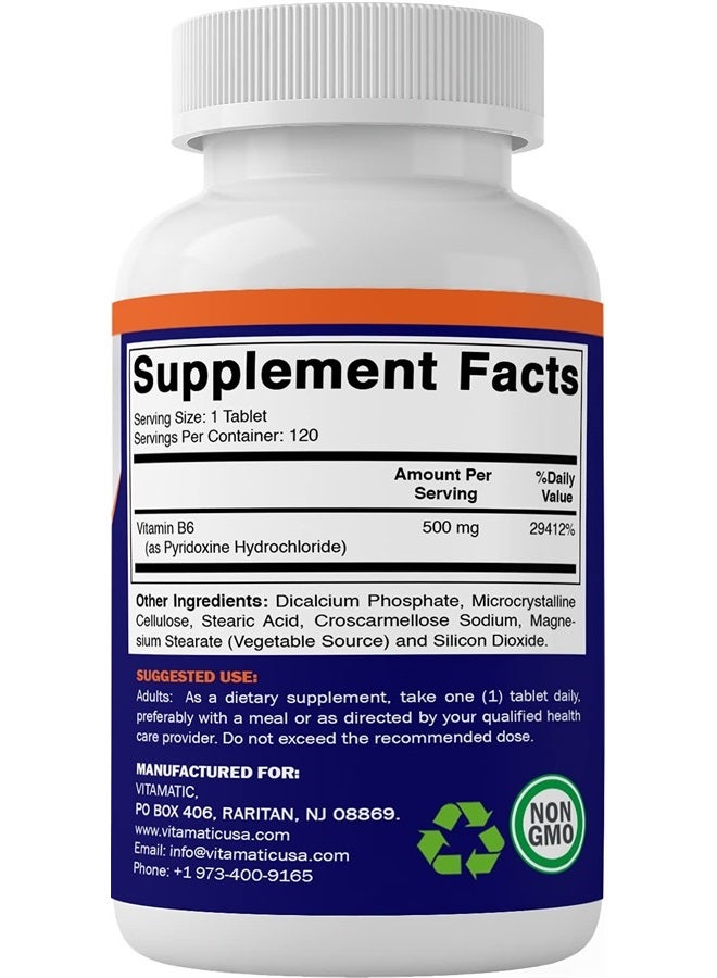 Vitamatic Vitamin B6 (Pyridoxine HCI), 500 mg 120 Vegetarian Tablets - Promotes Energy Production, boosts Metabolism and Immune Health Support - Image 4