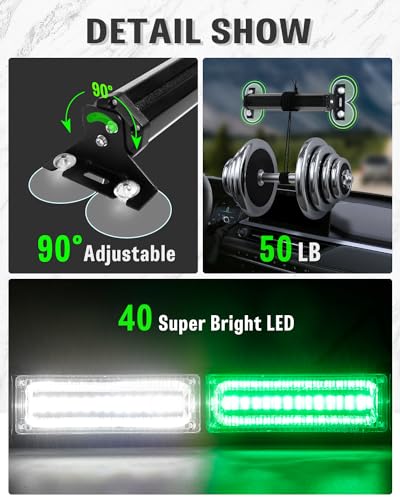 HLauto 1002L Emergency Strobe Traffic Advisor Light Bar: 40LED Dash Safety Warning Flashing Front/Rear Windshield Visor Light for Construction Vehicle, Trucks (2x10.7inch, Green White) - Image 5