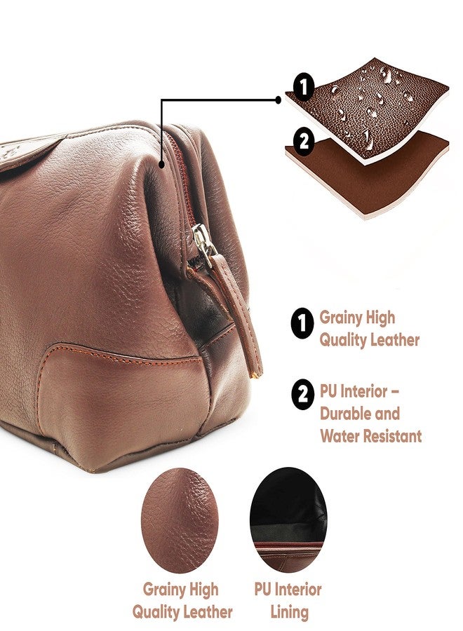 Kara Obama Tan Leather Toiletry Bag Men & Women | Multipurpose Travel Organizer Pouch | Shaving Kit Bag Men | Makeup Cosmetic Pouch Women | Waterproof Toiletries Kit for Travel - Image 4