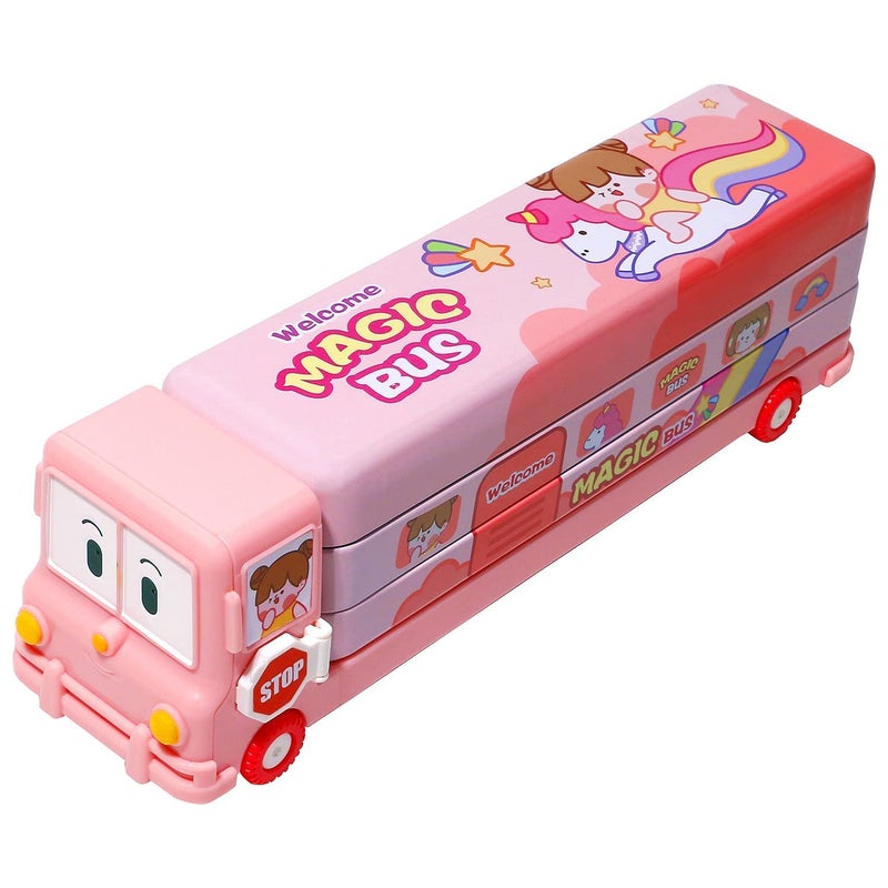Mayatra's صندوق أقلام معدني على شكل حافلة مدرسية مطبوعة برسومات كرتونية ملونة من مايتر، مع عجلات متحركة ومبراة للأطفال - Image 1