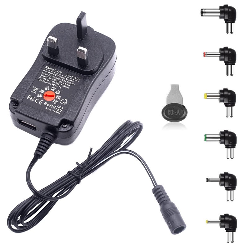 41W UK Universal Adapter Power Supply Adjustable 220V TO 6V 9V 12V 15V 18V 24V DC Charger with 5V21A USB Port 6 Selectable Adapter Tips for Electronics and WiFi Devices