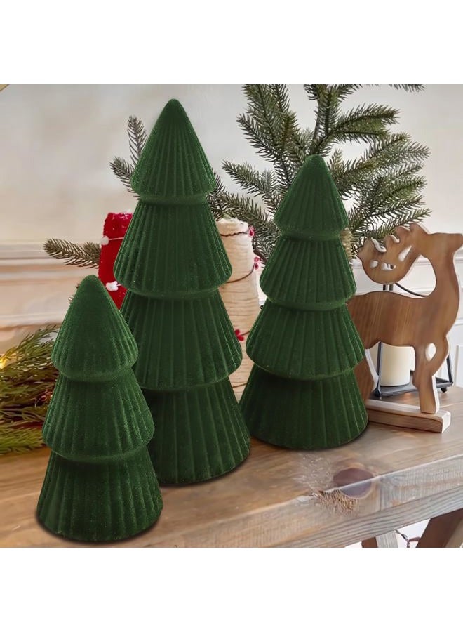 MOREDOTS Christmas Decorations Indoor- 3 Pcs Velvet Christmas Tree,Modern Cone Ceramics Christmas Decor Tabletop Winter Home Minimalist for Holiday Entryway Table Mantel Centerpiece(Green) - Image 4
