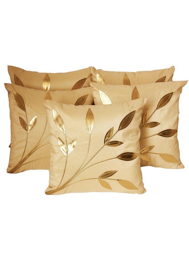 Urvaan Golden Floral Cushion Covers, 16x16 Inch, Cream Beige, Set of 5 - Image 1