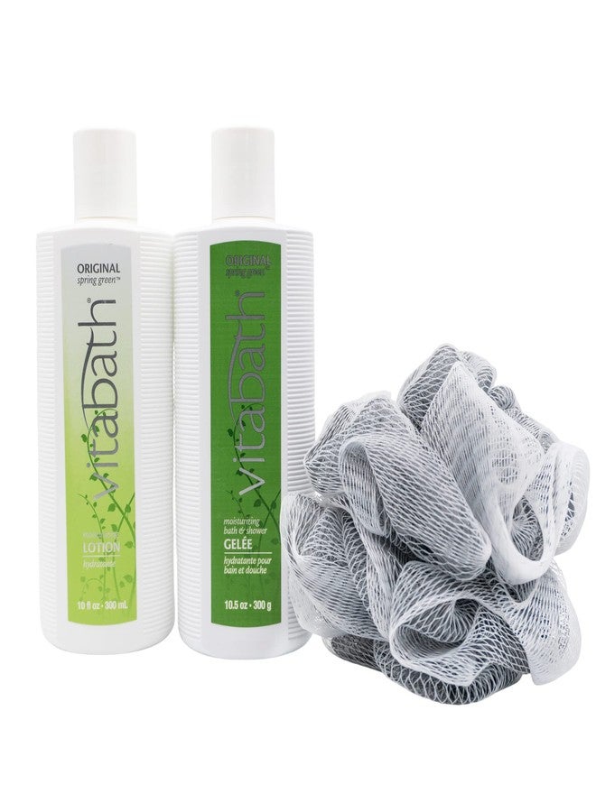 Vitabath Original Spring Green Everyday Skincare Set Moisturizing Shower Gel Wash, Reviving Lotion & Exfoliating Body Scrubber Pouf - Intoxicating Foam Cleanser & Dry Skin Hydration for Women & Men - Image 2