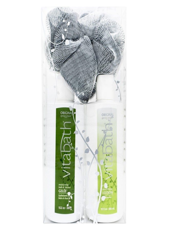 Vitabath Original Spring Green Everyday Skincare Set Moisturizing Shower Gel Wash, Reviving Lotion & Exfoliating Body Scrubber Pouf - Intoxicating Foam Cleanser & Dry Skin Hydration for Women & Men - Image 1