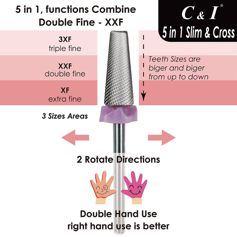 C & I بت حفر الأظافر 5 في 1 من C & I، إصدار كروس و سليم، حفر أظافر احترافي لآلة حفر الأظافر الكهربائية (دبل فاين - XXF) - Image 2