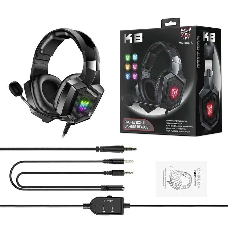 سماعة الألعاب Onikuma K8 RGB – إضاءة ديناميكية مع ميكروفون وتحكم في مستوى الصوت