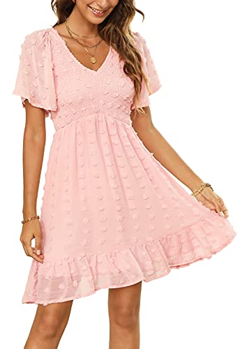 Zattcas Women 2025 Spring Summer Casual Boho Swiss Dot Smocked Short Sleeve Mini Graduation Easter Bridal Shower Maternity Wedding Guest Dress Pink S - Image 1