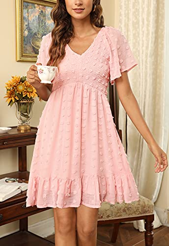 Zattcas Women 2025 Spring Summer Casual Boho Swiss Dot Smocked Short Sleeve Mini Graduation Easter Bridal Shower Maternity Wedding Guest Dress Pink S - Image 2