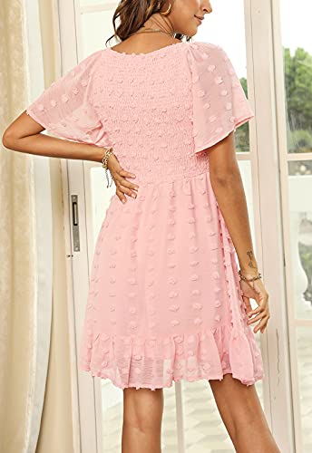 Zattcas Women 2025 Spring Summer Casual Boho Swiss Dot Smocked Short Sleeve Mini Graduation Easter Bridal Shower Maternity Wedding Guest Dress Pink S - Image 5